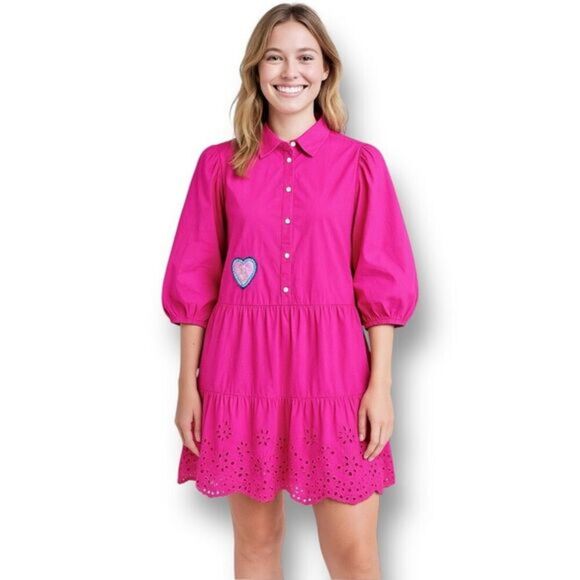 GAP L Petite Pink Eyelet Mini Dress Puff Sleeve Sequin Heart Barbie Cottagecore - Picture 1 of 8
